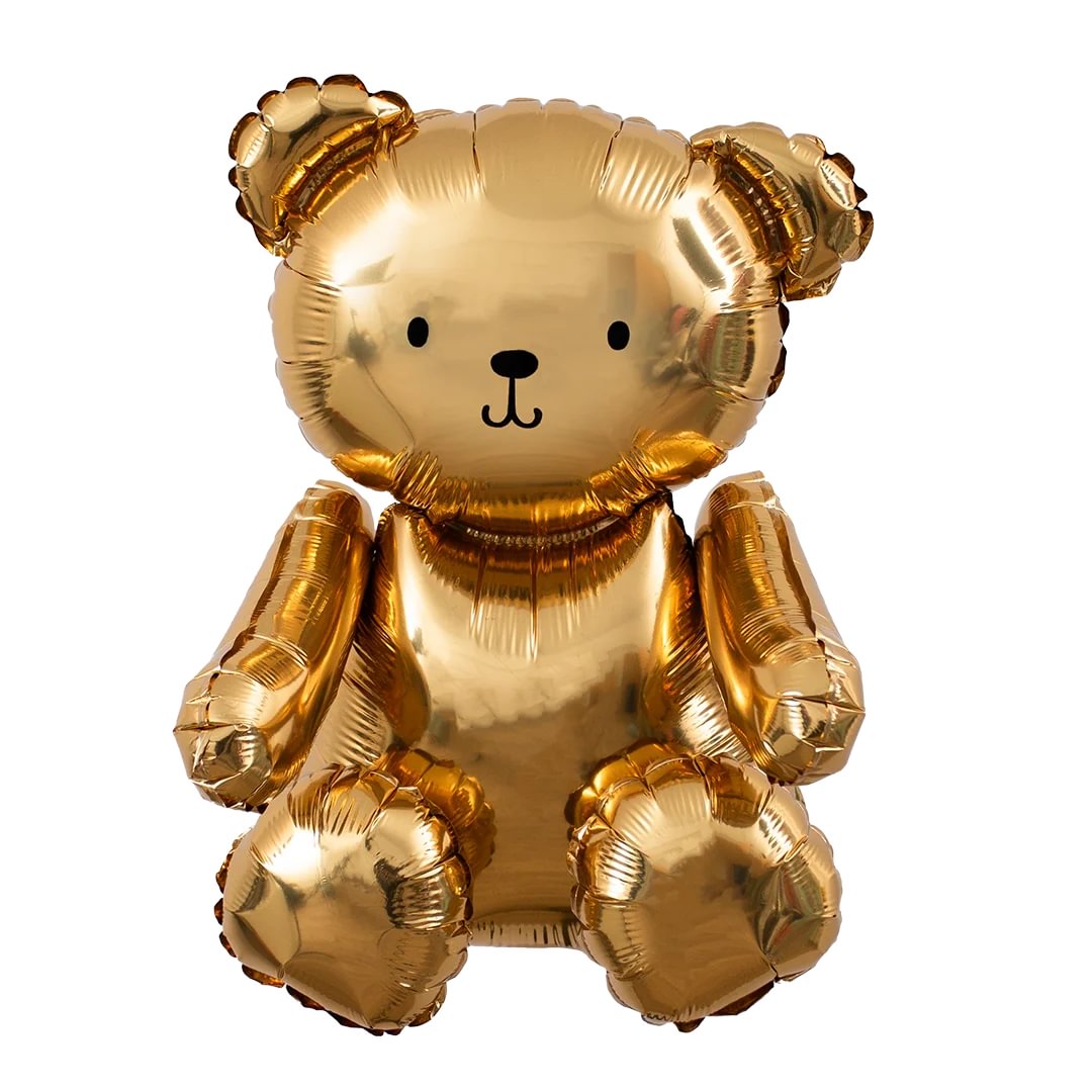 Gold teddy bear-shaped balloon on a white background. Air Filled sitter balloon