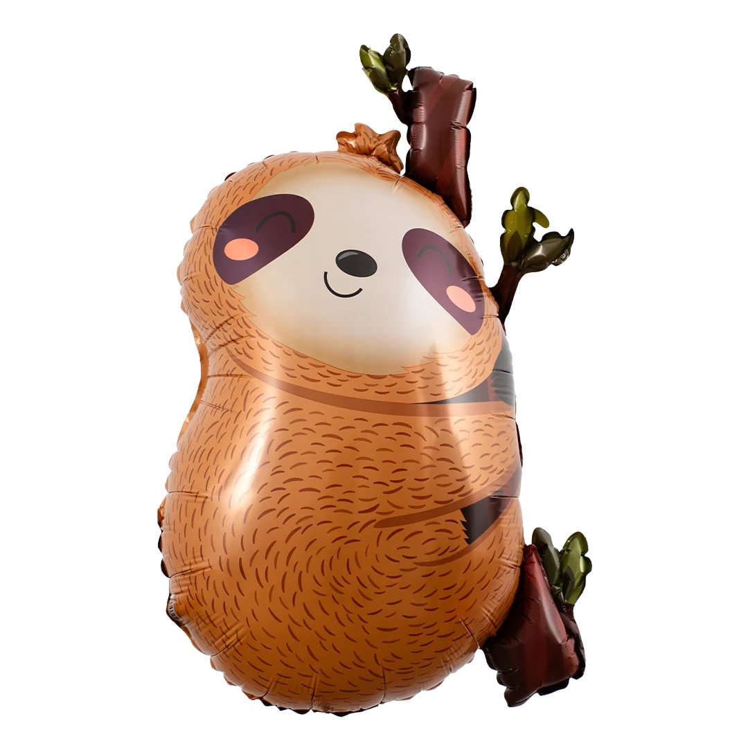 Sloth shaped helium foil balloon on white background. Grabo foil party balloons. Cute for birthdays and events