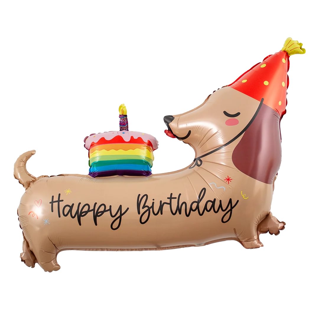Sausage Dog-shaped birthday balloon with rainbow cake and 'Happy Birthday' text on a white background
