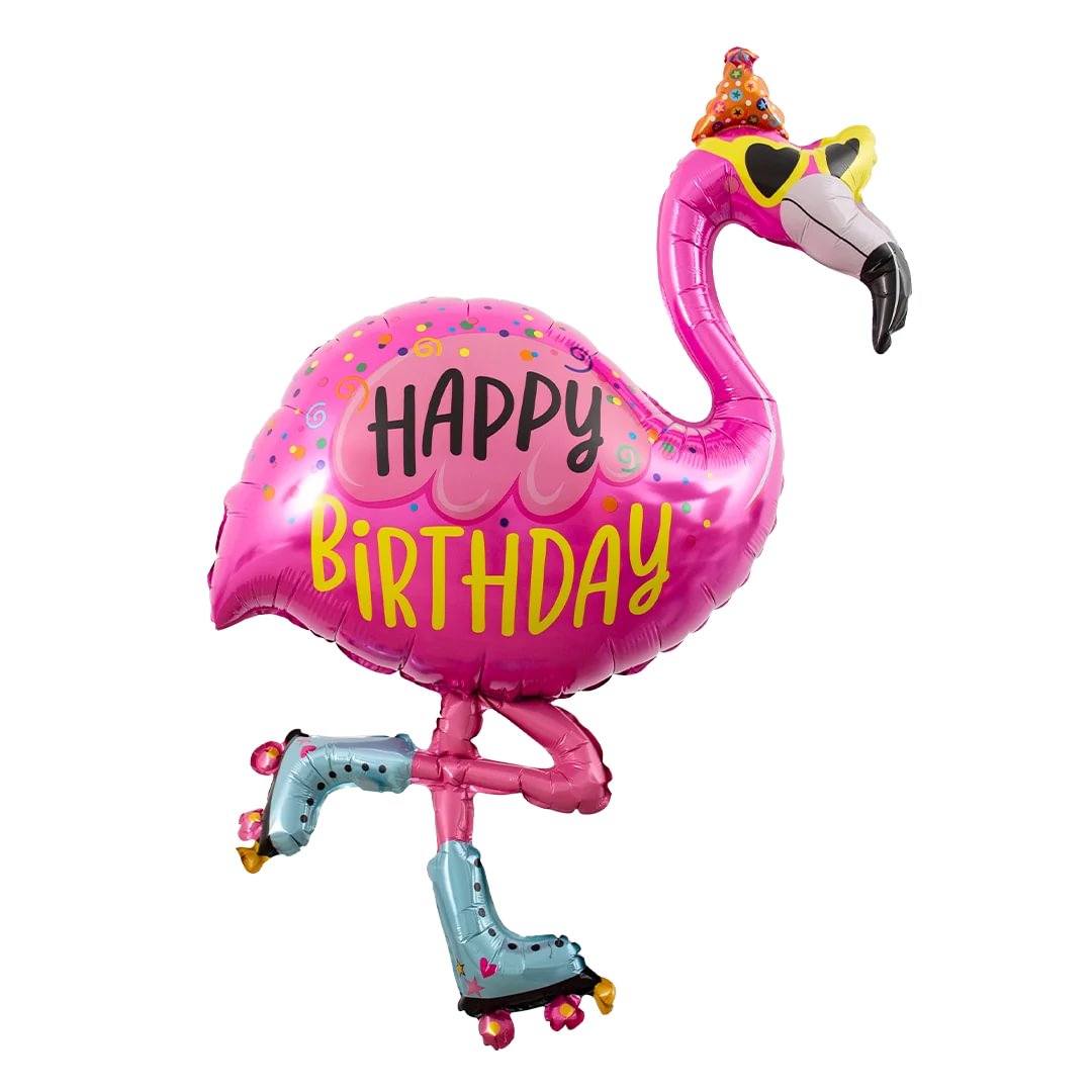 Pink flamingo-shaped balloon on skates with 'Happy Birthday' text on a white background