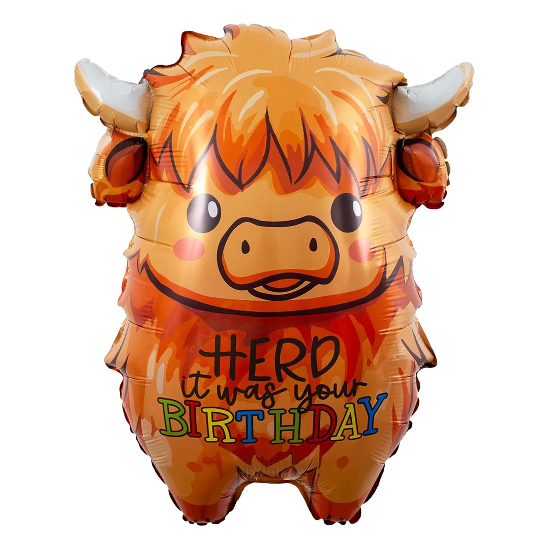 Inflatable Highland Cow shaped balloon with 'HERD it was your BIRTHDAY' text on a white background