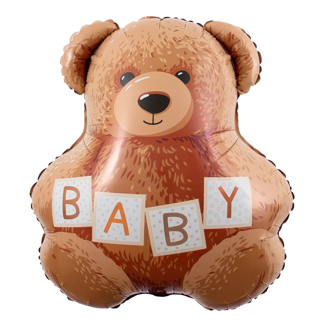 Teddy bear-shaped foil balloon with 'BABY' blocks on a white background