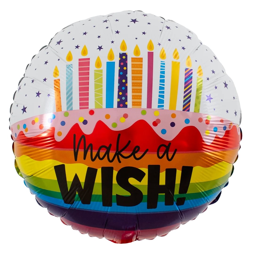Colorful balloon with birthday candles and 'Make a Wish!' text on a white background