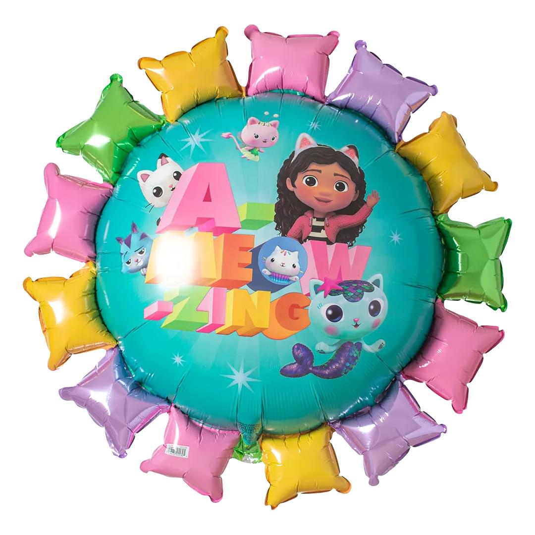 A round balloon with character illustrations from Gabby's Dollhouse, with multicolored sections around the edge.