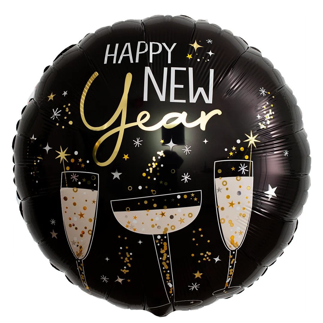 Black balloon with 'Happy New Year' text and champagne glass designs on a white background