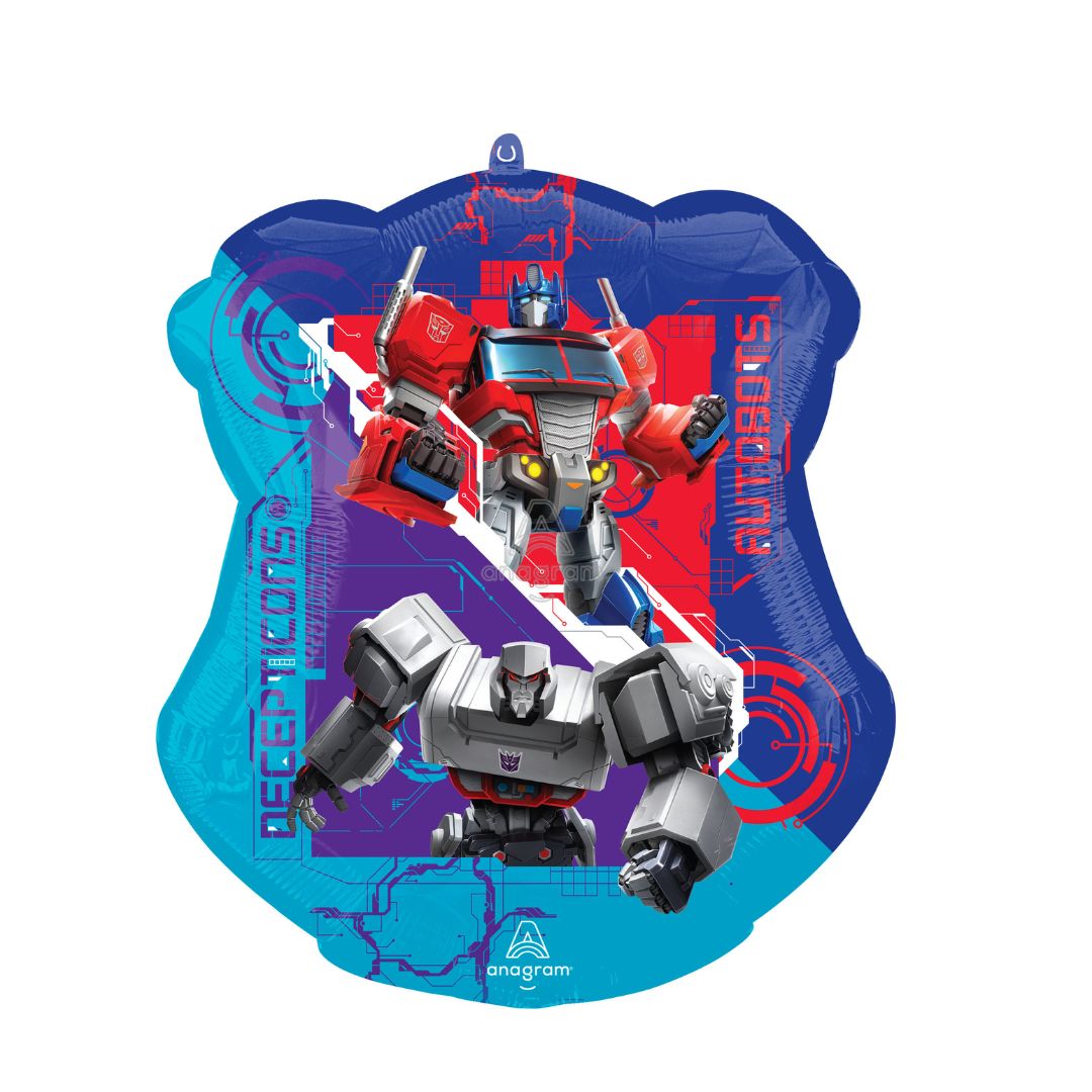 Transformers-themed balloon with red, blue, and gray robots on a blue and purple background.