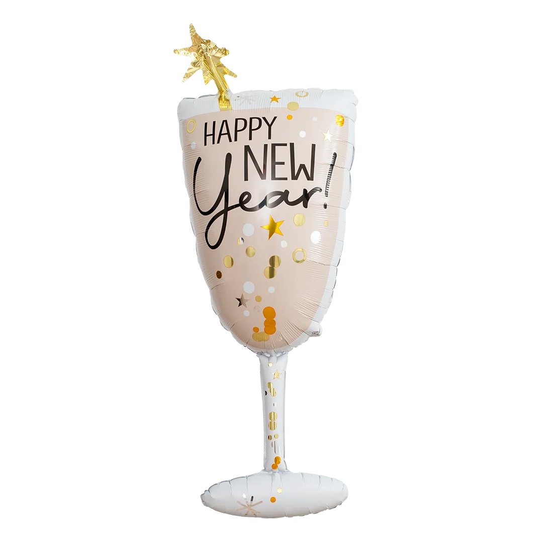 Balloon shaped like a champagne glass with 'Happy New Year!' text on a white background