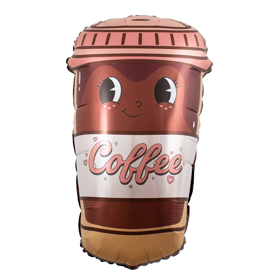 Inflatable coffee cup with a smiling face on a white background and text that says coffee on the cup