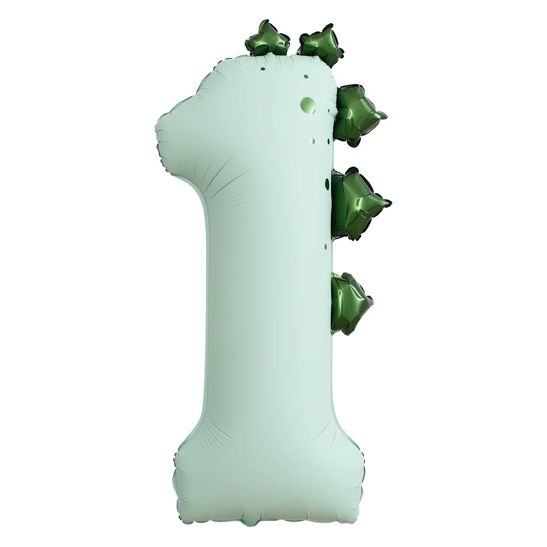 Inflatable number '1' with green dinosaur spines decorations foil balloons on a white background