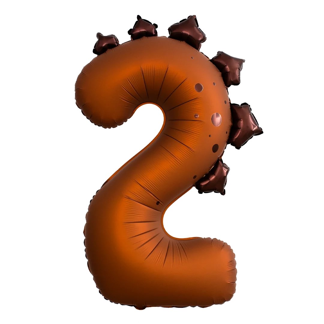 Bronze-colored balloon shaped like the number '2' with dinosaur spines decorations on a white background