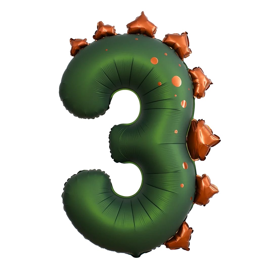 Green balloon shaped like the number '3' with brown dinosaur spines on a white background