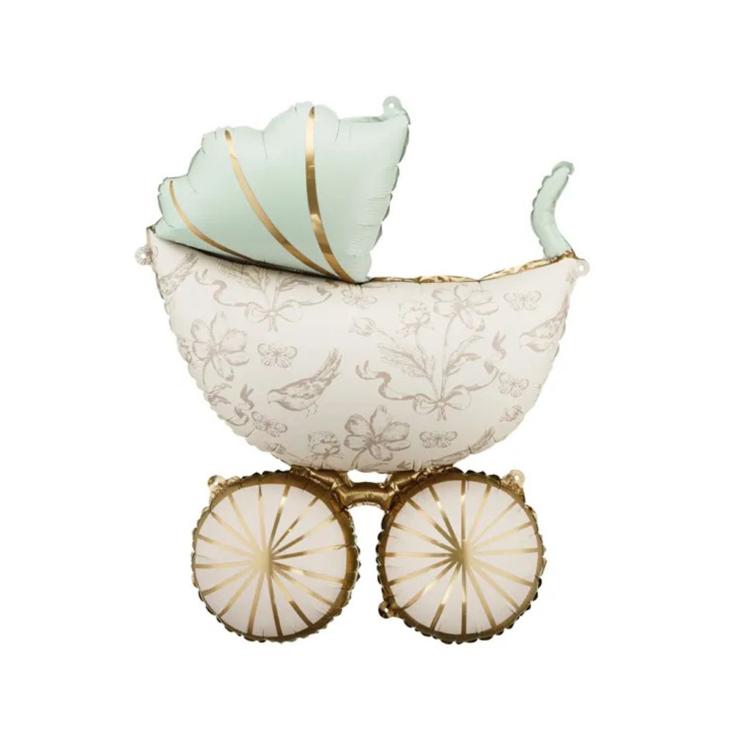 Decorative pram foil balloon on a white background with gold accents. mint and cream colour scheme
