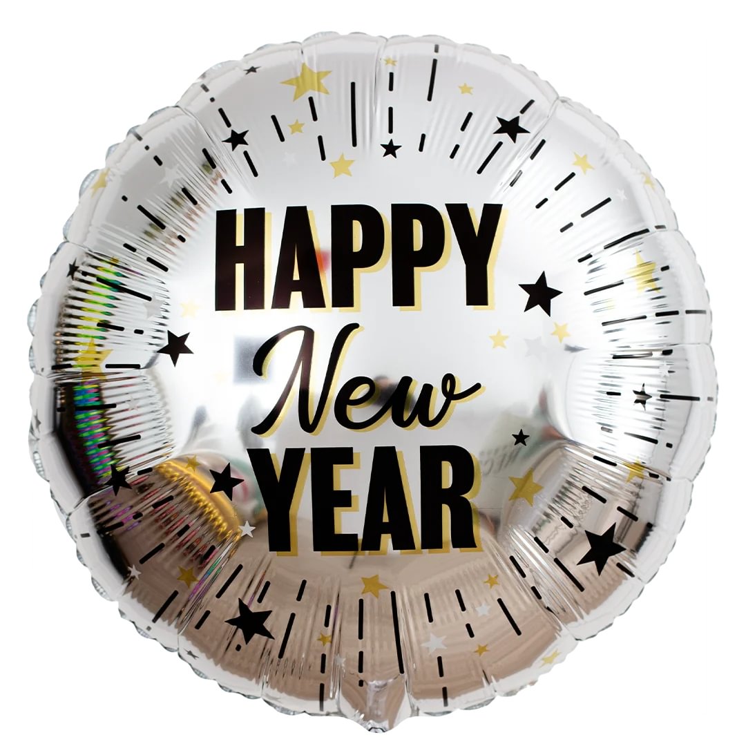 Round foil balloon with 'Happy New Year' text and star decorations on a white background
