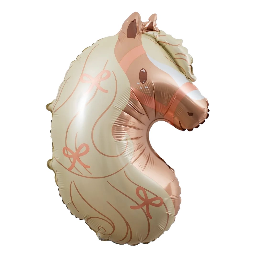 Pony head shaped foil balloon with rose gold accents on a white background
