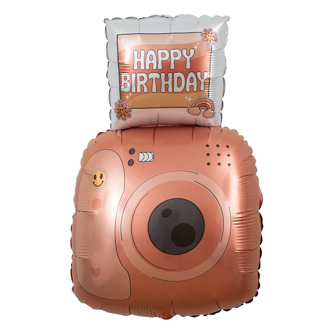 Rose gold camera-shaped balloon with 'Happy Birthday' message on a white background
