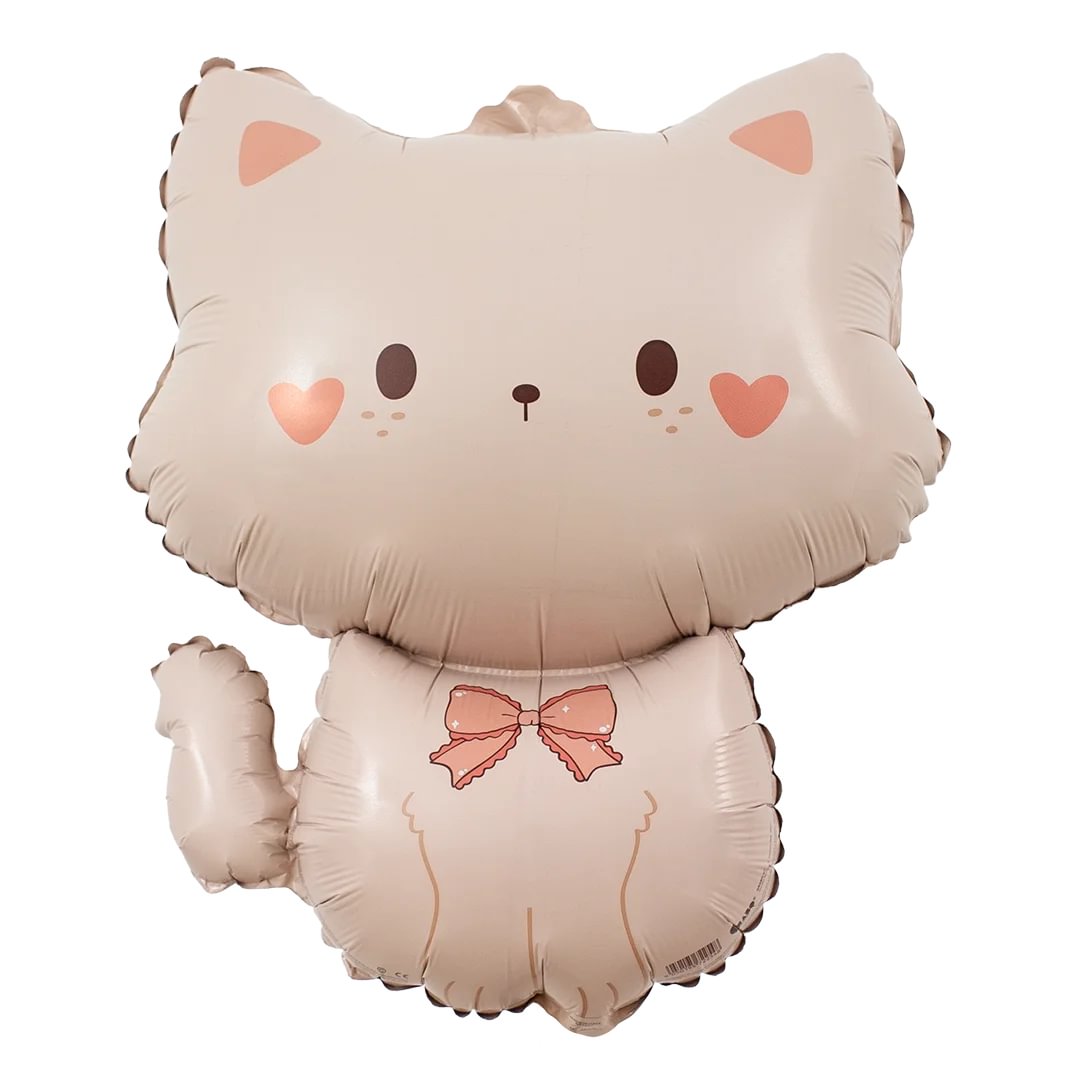 Cat-shaped foil balloon with a bow on a white background