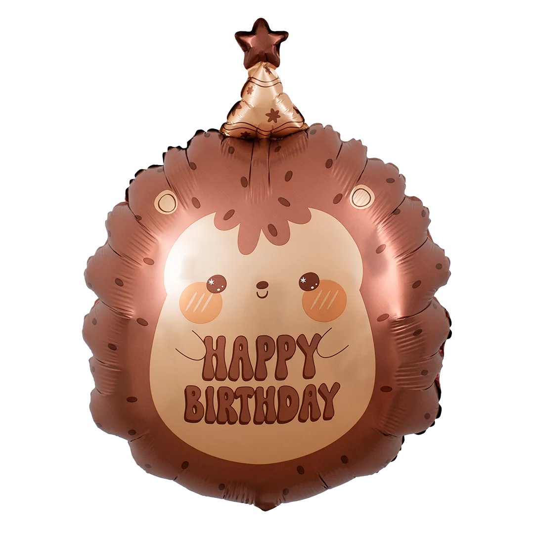 Cute birthday foil balloon with a hedgehog  design and 'Happy Birthday' text on the balloon