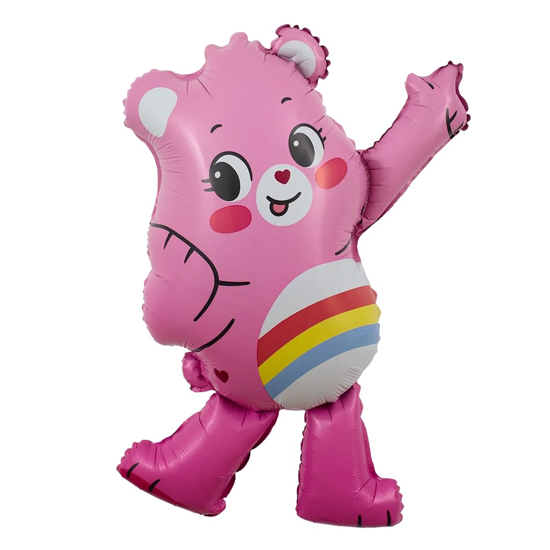 Pink cartoon care bear foil balloon with a rainbow design on a white background